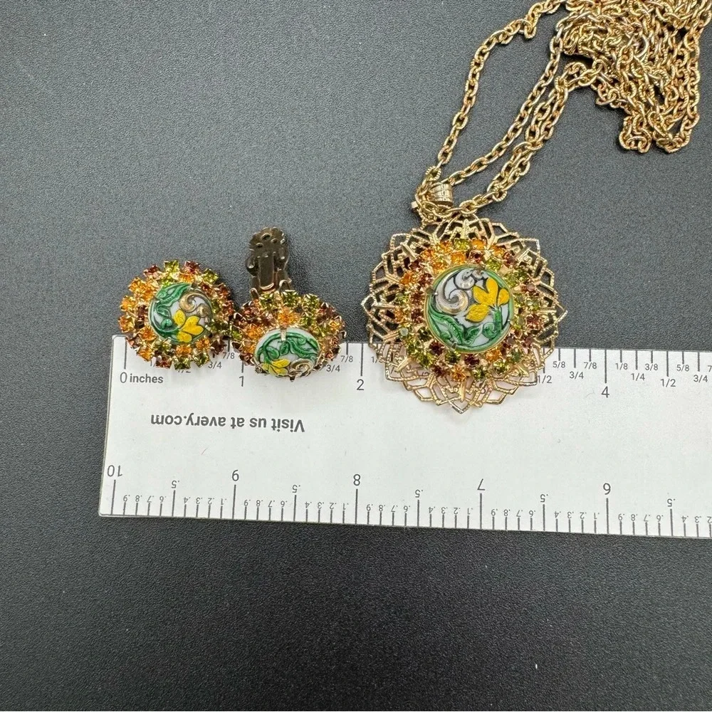 Vintage 1920s Art Nouveau Style Austrian Crystal Gold Tone Floral Necklace Set - Picture 12 of 17